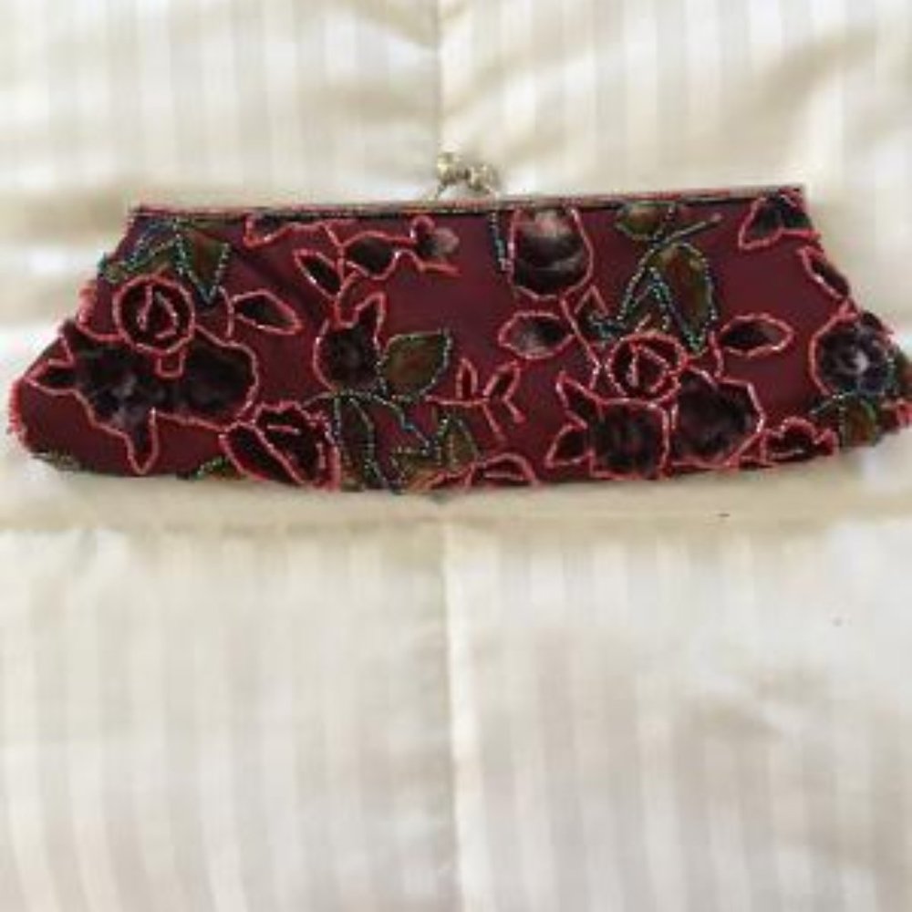 Beaded Evening Bag, Color Wine/Rust with 2 chains